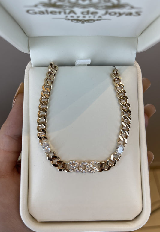 Pulso cubano con zirconias en oro en su estuche